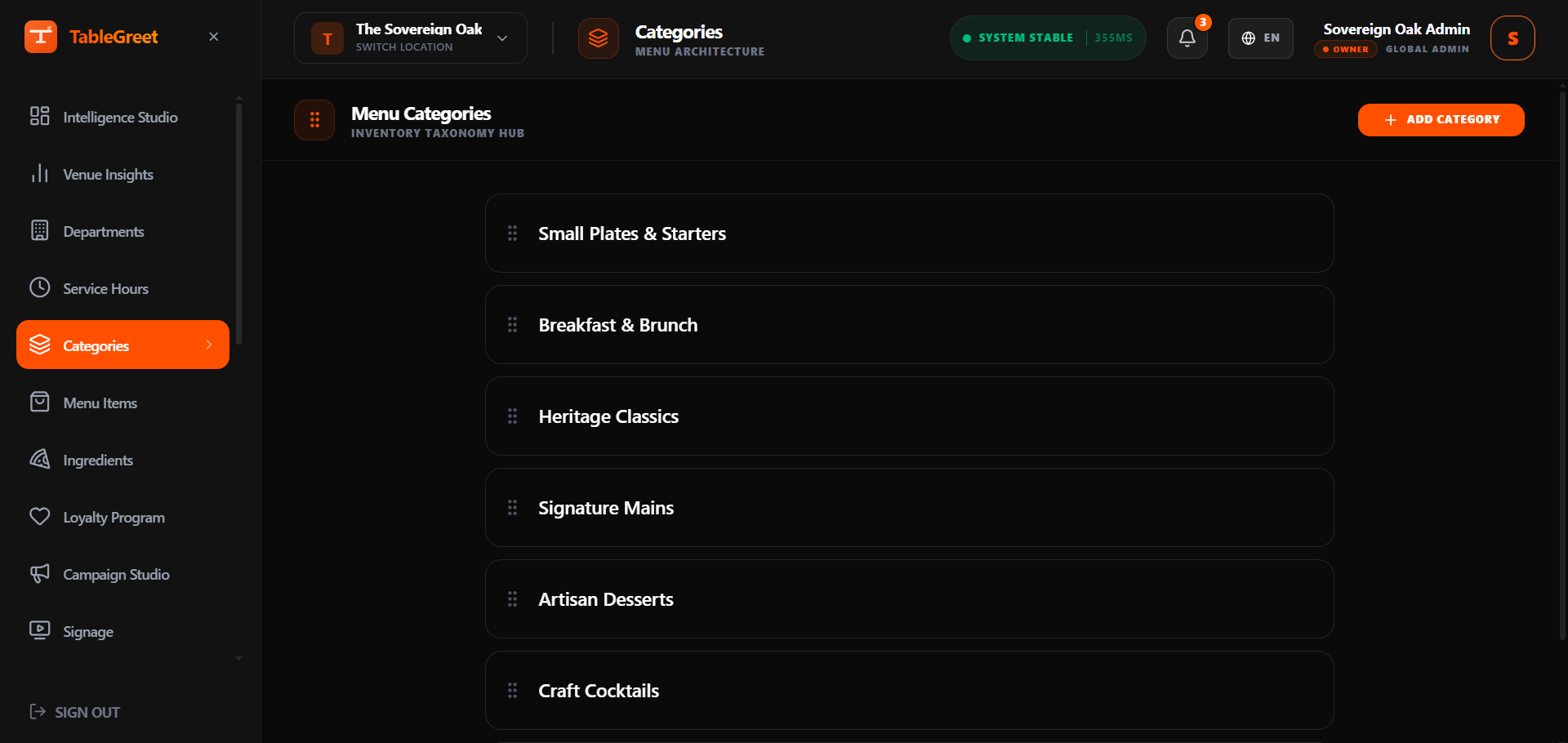 TableGreet Menu Categories Catalog and Arrangement