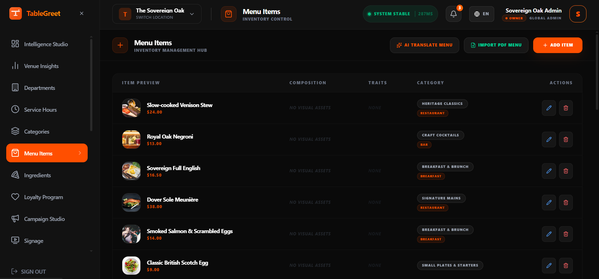 TableGreet Menu Items Catalog and Section Manager