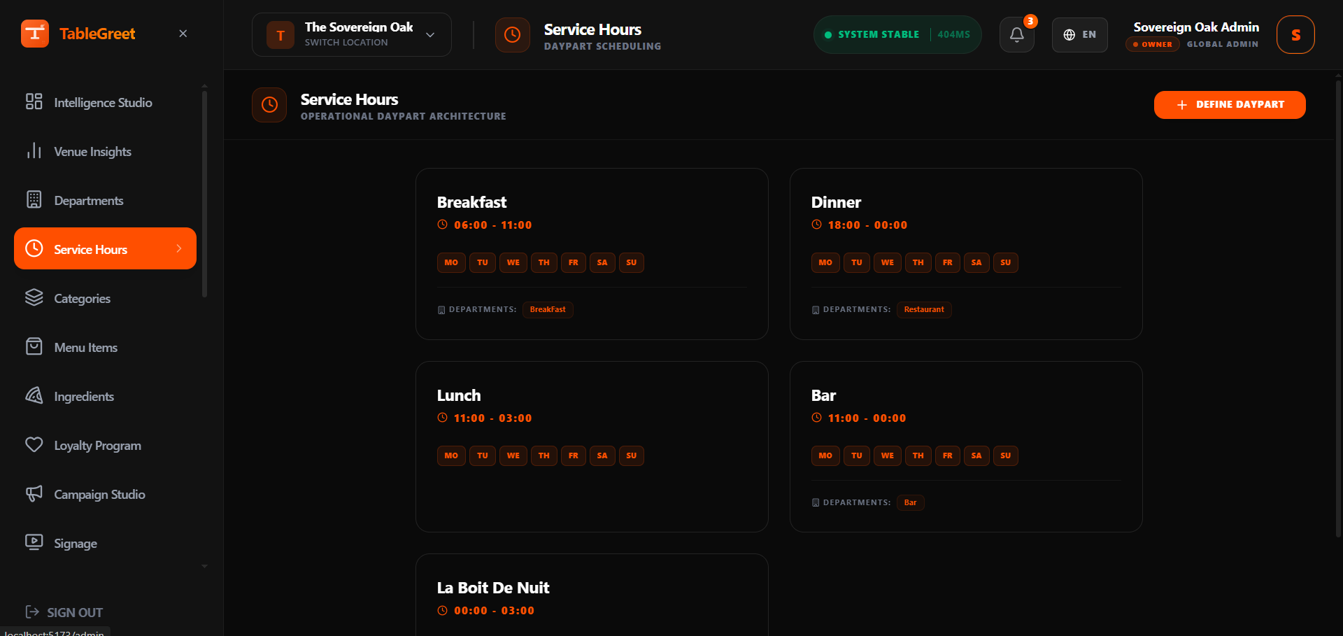 TableGreet Service Hours and Daypart Schedule Manager