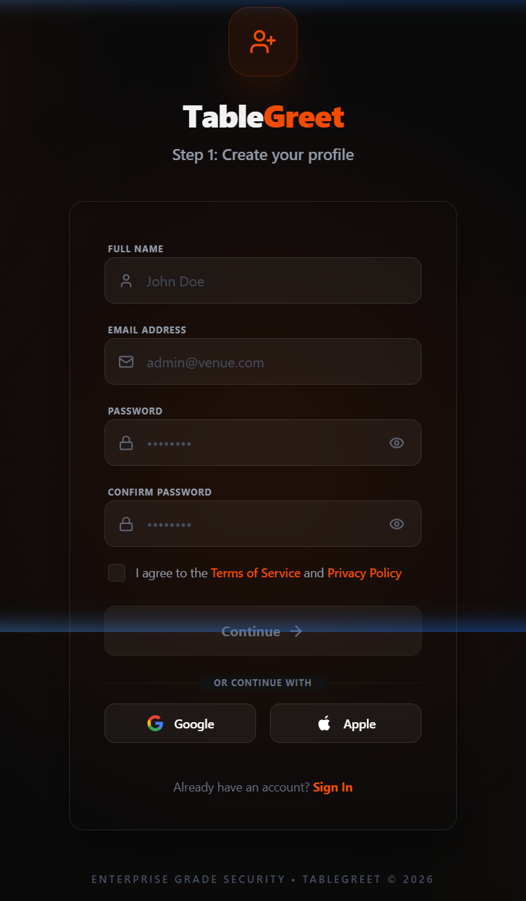 TableGreet Step 1: Create your profile