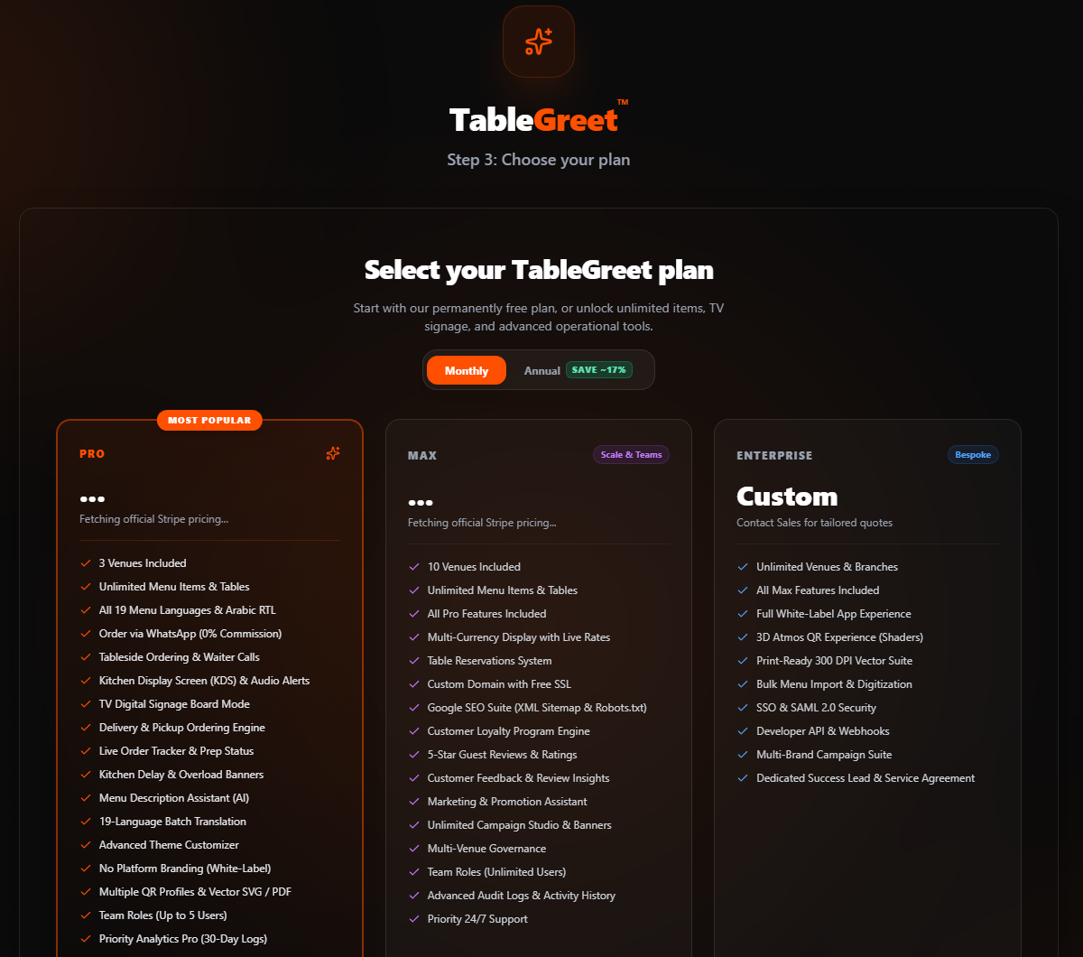 TableGreet Step 3: Choose your plan or continue for free